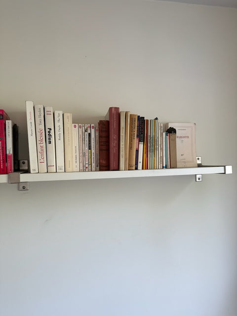 Two White Floating Book Shelves w/ Brushed Metal Brackets