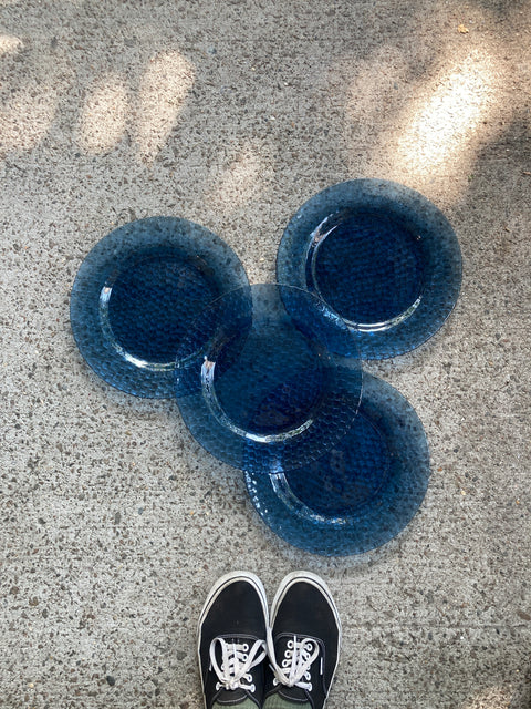 4 Blue Glass Dinner Plates