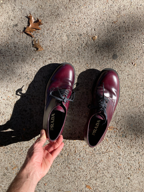 Prada Derby Oxfords Burgundy Leather Shoes, US 10M or 42 EU