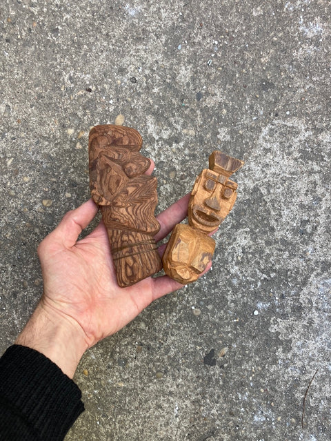 Two Abstract Faces Wood Statues