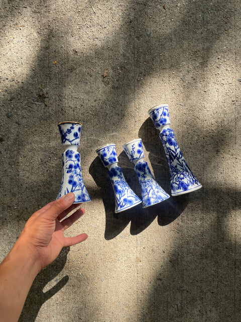 Blue & White Ceramic Candle Holders Set