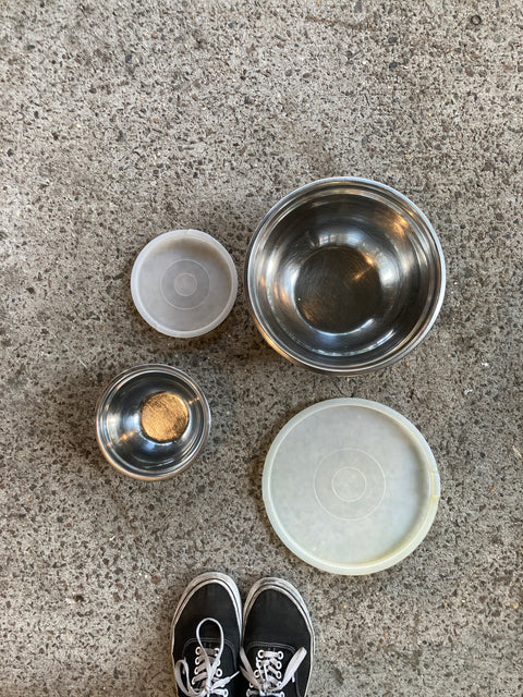 Two Stainless Steel Kitchen Bowls & Lids, 10” & 6.5”