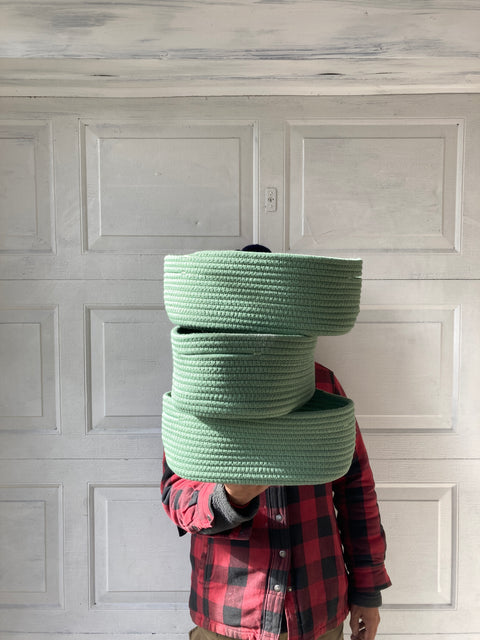 Three Medium Size Green Rope Baskets