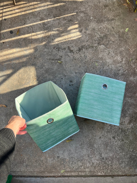 Two Foldable Green Fabric Storage Boxes