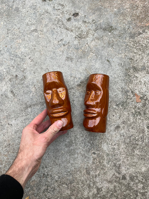 Two Vintage Brown Tiki Mugs