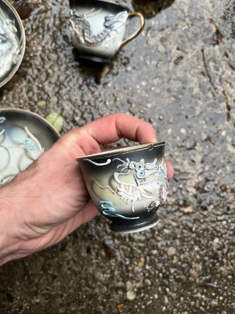 Rare Hand Painted China Dragonware Teacups And Saucers Set