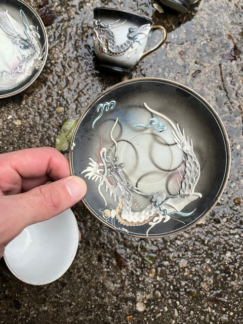 Rare Hand Painted China Dragonware Teacups And Saucers Set