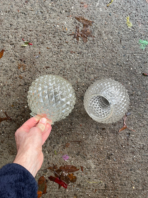 Two Vintage Diamond Cut Clear Glass Ceiling Light Globes