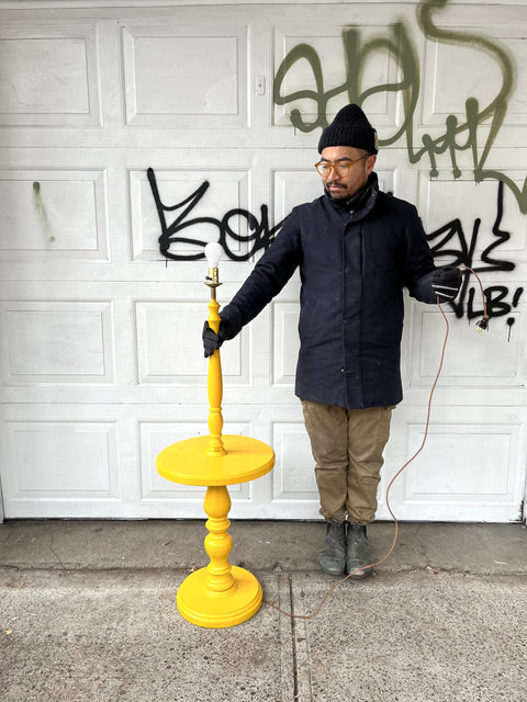 Yellow Wooden Floor Lamp In Search Of A Shade