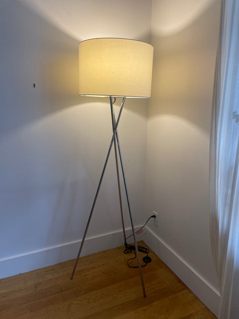 Tripod Silver Metal With Beige Fabric Shade Floor Lamp