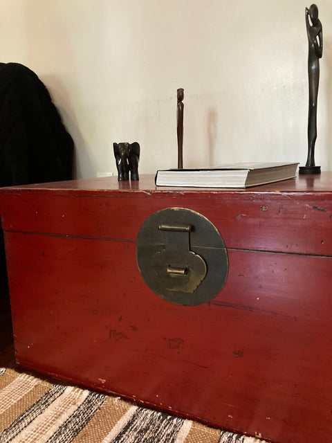 Large Antique Chinese Red Lacquer Trunk